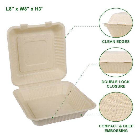 8" x 8" x 3" Compostable Clamshell Containers - 200/Case