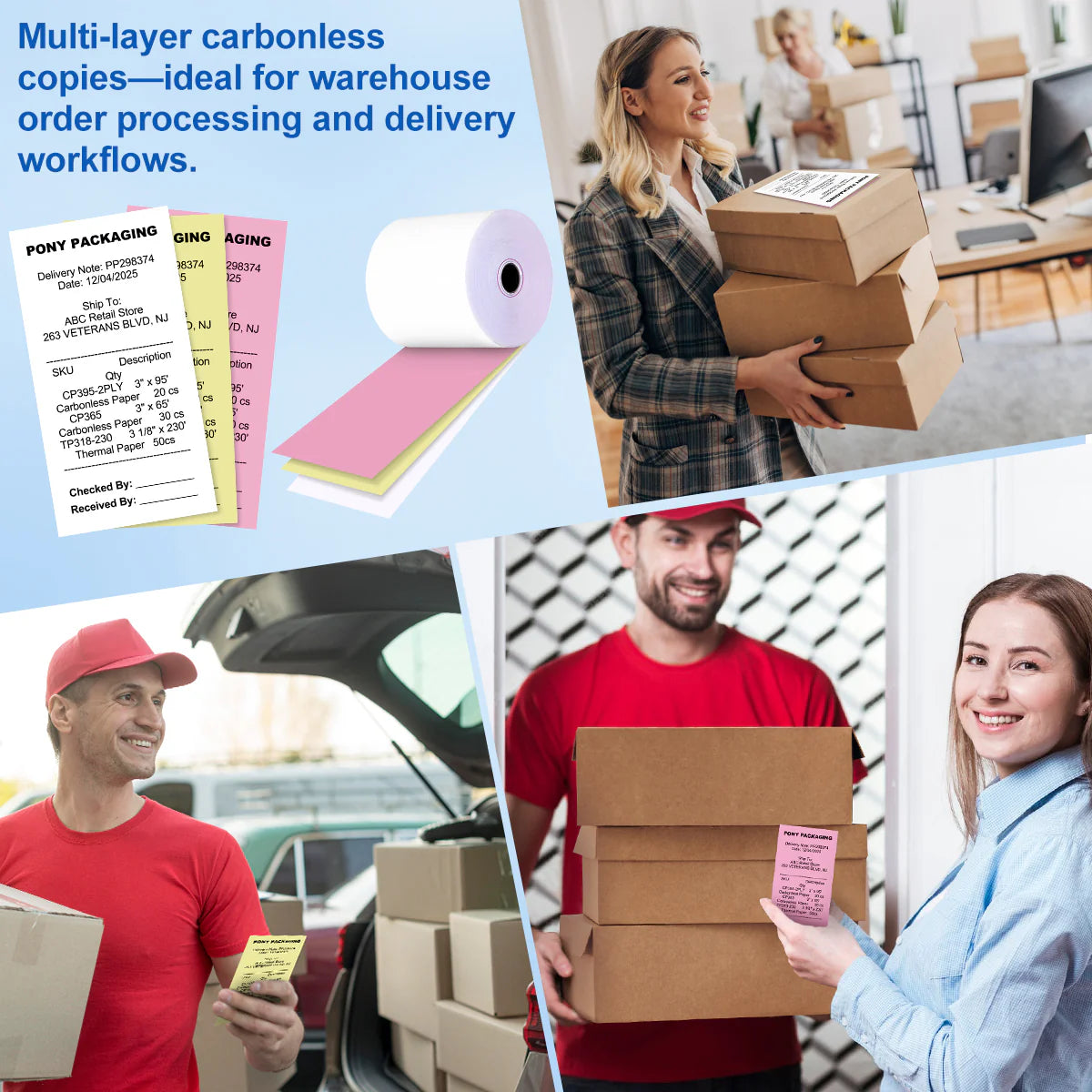 3" x 65' 3-Ply Carbonless Paper Rolls White/Canary/Pink - 50 Rolls/Case