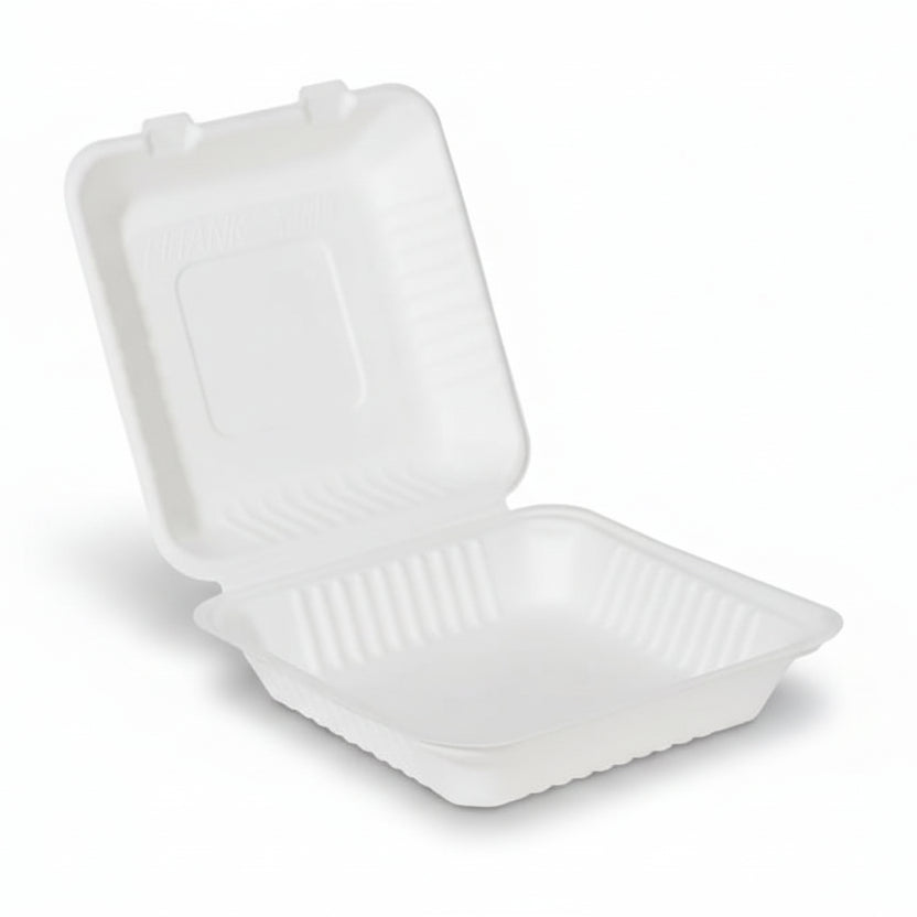 9" x 9" x 3" White Compostable Clamshell Containers - 200/Case
