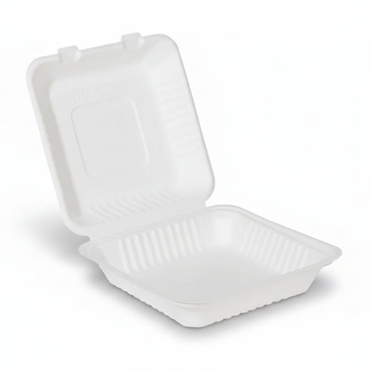 9" x 9" x 3" White Compostable Clamshell Containers - 200/Case