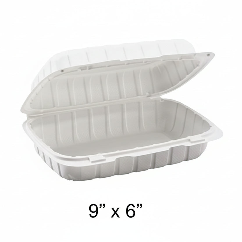 9" x 6" x 3" White Plastic Hinged Container (206) - 150/Case