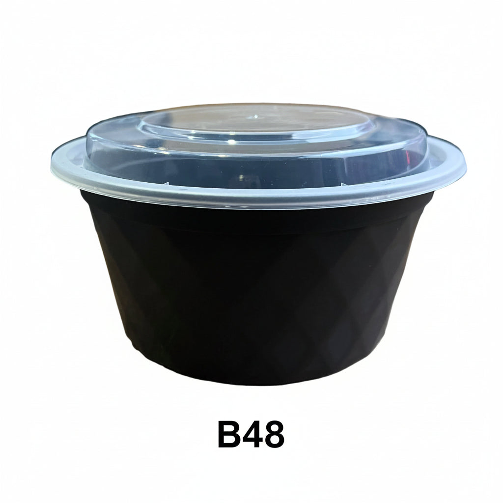 48 oz. 黑色塑料圆碗 带盖 (B48) - 150套