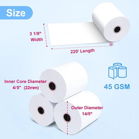 3 1/8" x 220' Thermal Paper Rolls - 50 Rolls/Case