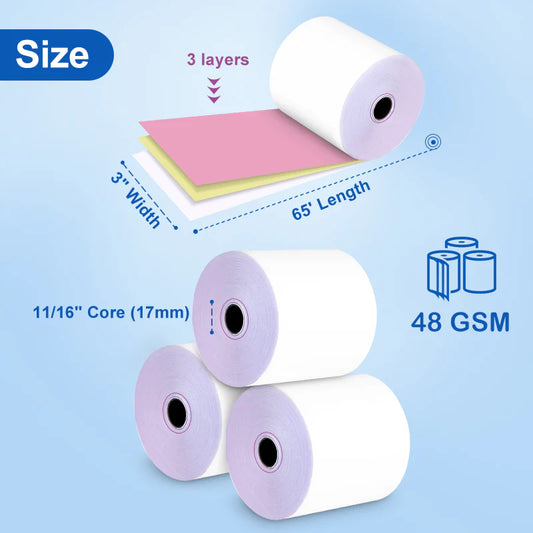 3" x 65' 3-Ply Carbonless Paper Rolls White/Canary/Pink - 50 Rolls/Case
