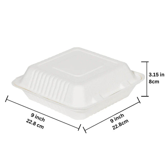 9" x 9" x 3" White Compostable Clamshell Containers - 200/Case