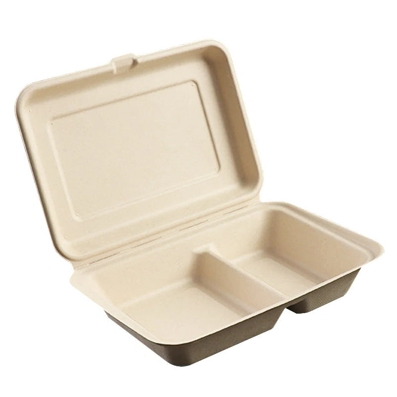 9" x 6" x 3" 两格甘蔗浆环保餐盒 - 250/箱