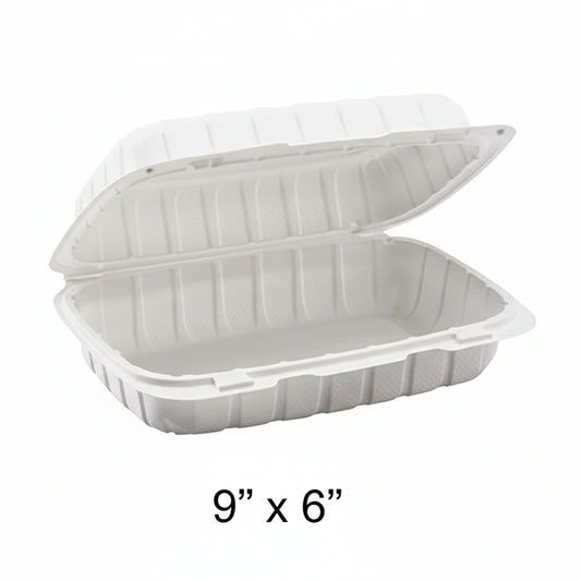 9" x 6" x 3" White Plastic Hinged Container (206) - 150/Case