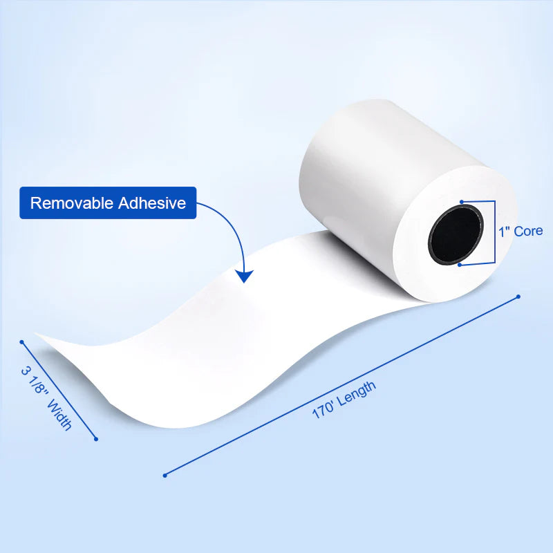 3 1/8“ x 170' Sticky Linerless Thermal Label Rolls (12 Rolls) - Full Coverage Adhesive