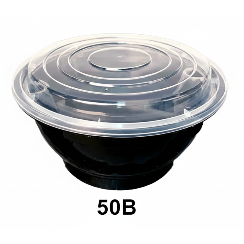 48 oz. 黑色塑料圆碗 带盖 (50B) - 150套